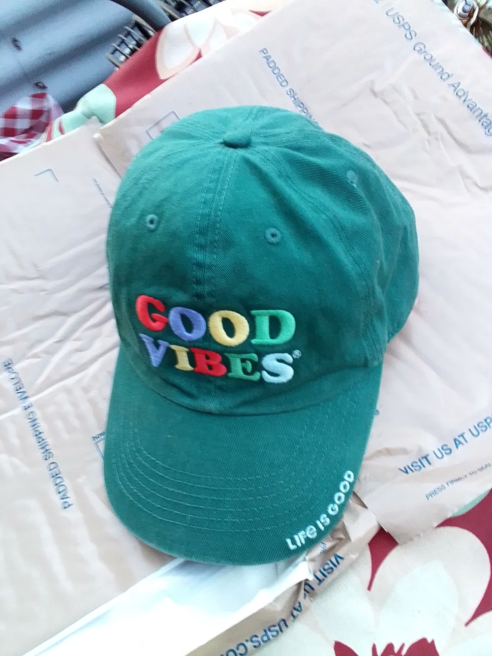 Life Is Good Green "Good Vibes" Embroidered Baseball Cap - Picture 1 of 3